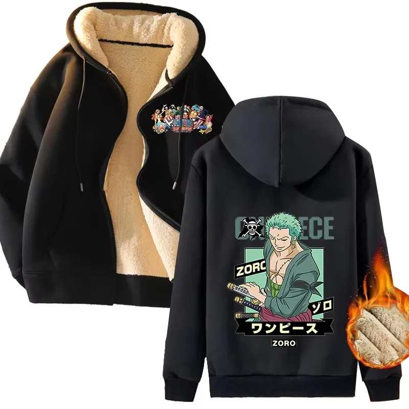 One Piece Men Zip Up Hoodies Luffy Winter Fleece Hooded Sweatshirt Cartoon Pullover Female Outerwear Sport Coat Streetwear Gift