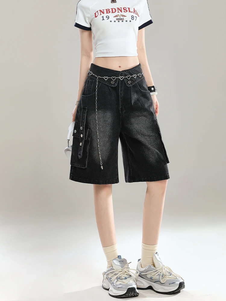 

Retro American Hot Girl Work Wide Leg Denim orts Women Summer Loose Casual Straight Five-Point Pants l Waist orts