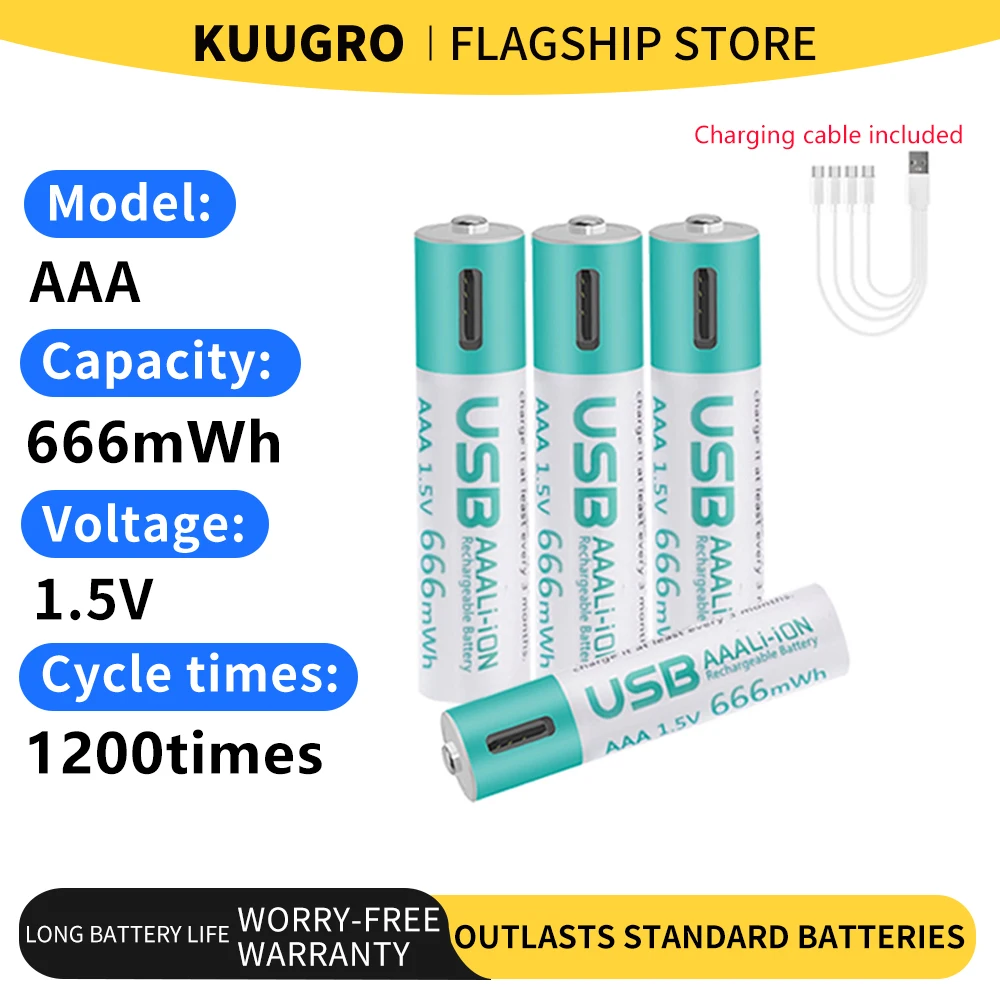 

kuugro USB 1.5V AAA Rechargeable Lithium ion Batteries 666mWh 1.5V aaa Li-ion Battery