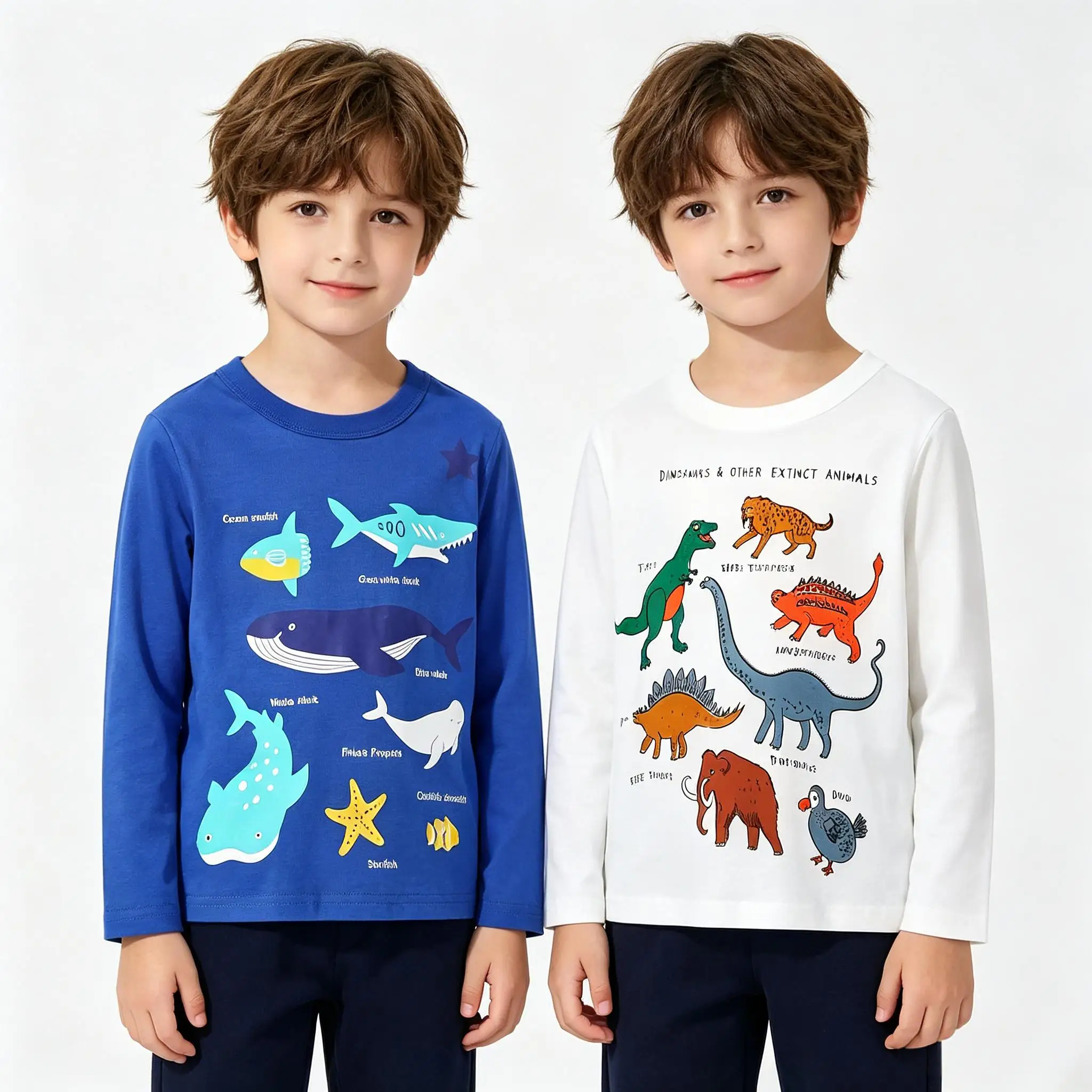 

A 2-piece set of pure cotton round-neck T-shirts for men, paired with cartoon animal pattern casual pullover long-sleeved shirts