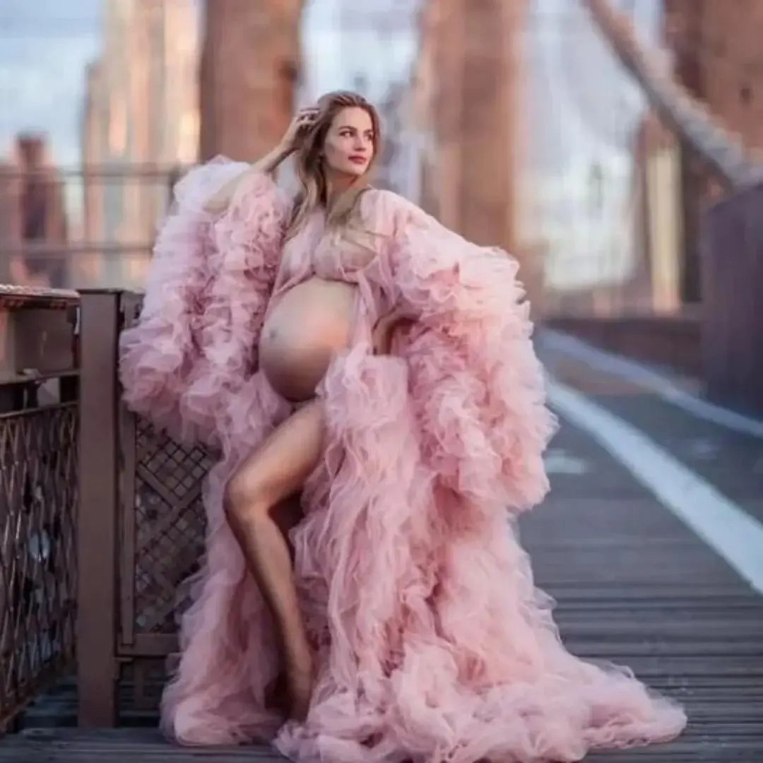 

Elegant Pregnant Photo Bathrobe Pajam Robe Sexy Long Sleeves Lace Tulle Gowns Customized Bathrobe Mesh Prom Bridesmaid Shawl