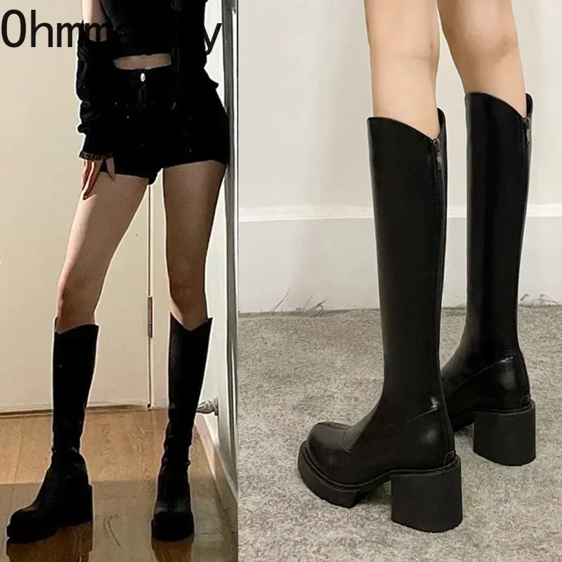 Winter Women Knee High Boots Fashion Platform Ladies Elegant Square High Heel Long Knigth Booties Winter Women's Footwear