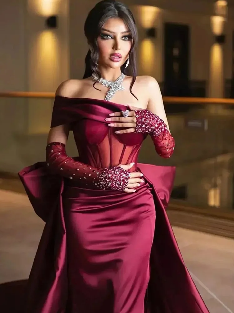 Suknia balowa syrenka Jirocum, damska, z odkrytymi ramionami, zdobiona koralikami, z dużą kokardą, długa do podłogi, sukienka wieczorowa na formalne okazje w stylu saudyjskim.