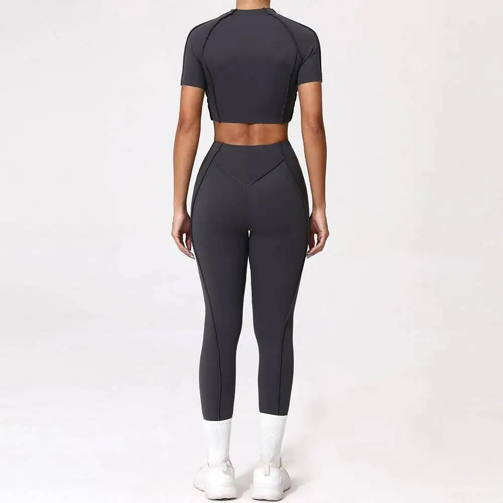 

Дышащий комплект для тренировок Second Skin, быстросохнущий облегающий костюм для бега для йоги, рубашки из двух предметов с короткими рукавами, леггинсы для спортзала, наряд