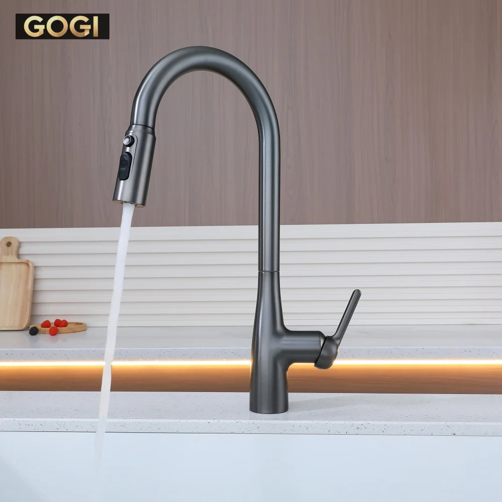 GOGI Solid Brass Brushed Gunmetal Pull‑Out 360°Rotatable Kitchen Faucet Ceramic Valve Core 3 Water Modes Hot Cold Water Mixer Ta