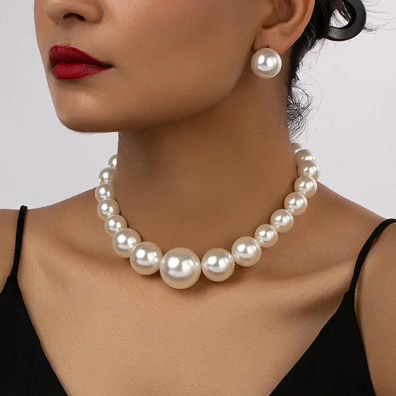 Imitation Pearl Necklace Earring Set For Women Stud Vintage Geometric Clavicle Chain Party Holiday Gift Fashion Jewelry DS004