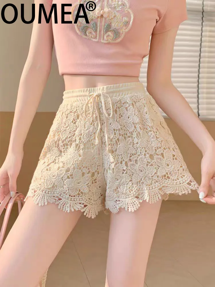 OUMEA Women Crochet Cotton Shorts Elastic Waist Beach Style Cute Shorts