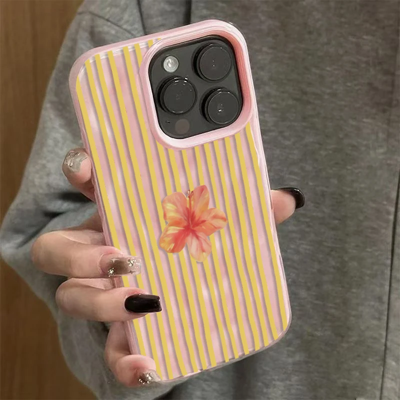 노란색 줄무늬 핑크 꽃무늬 감성적인 아이폰 17 프로 16 15 14 13 12 11 프로 맥스 플러스 에어 주름 텍스처 TPU 케이스