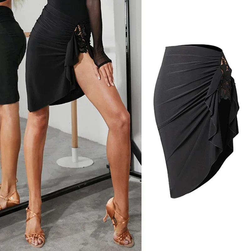 

New Black Lace Latin Dance Skirt Women Slit Sexy Cha Cha Dance Clothing Rumba Salsa Skirt Adult Latin Practice Clothes DNV17149