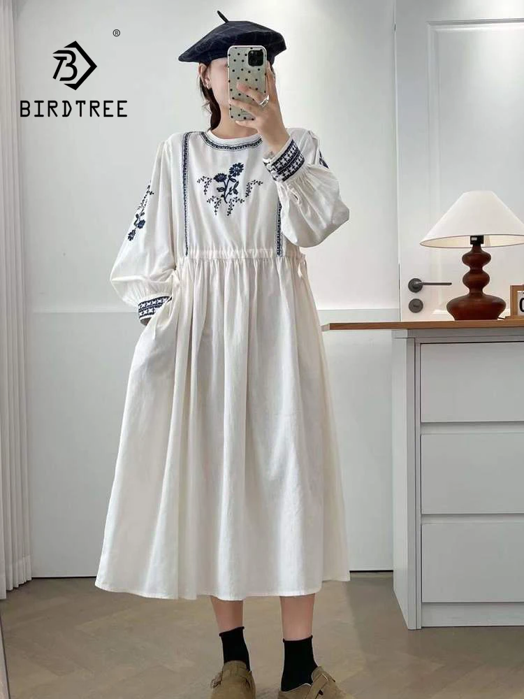 

Новые зимние хлопковые платья с длинными рукавами 2025, женское свободное платье с круглым вырезом и вышивкой на шнуровке, свободное платье в французском консервативном стиле Mori Girl D5D152CC