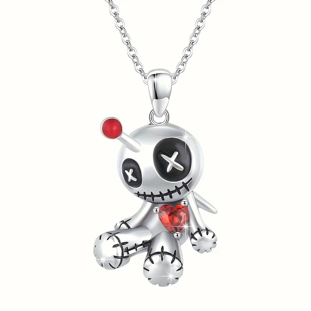 Creative Funny Voodoo Doll Red Heart Pendant Necklace for Women, Trendy Punk Cartoon Girl Holiday Decoration Accessories,