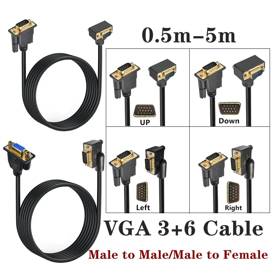 90 Degree Angled VGA 3+6 Cable RGB HD 15Pin Male To Male Female Extension Cable 1M 3M for PC Computer Monitor Projector Laptops