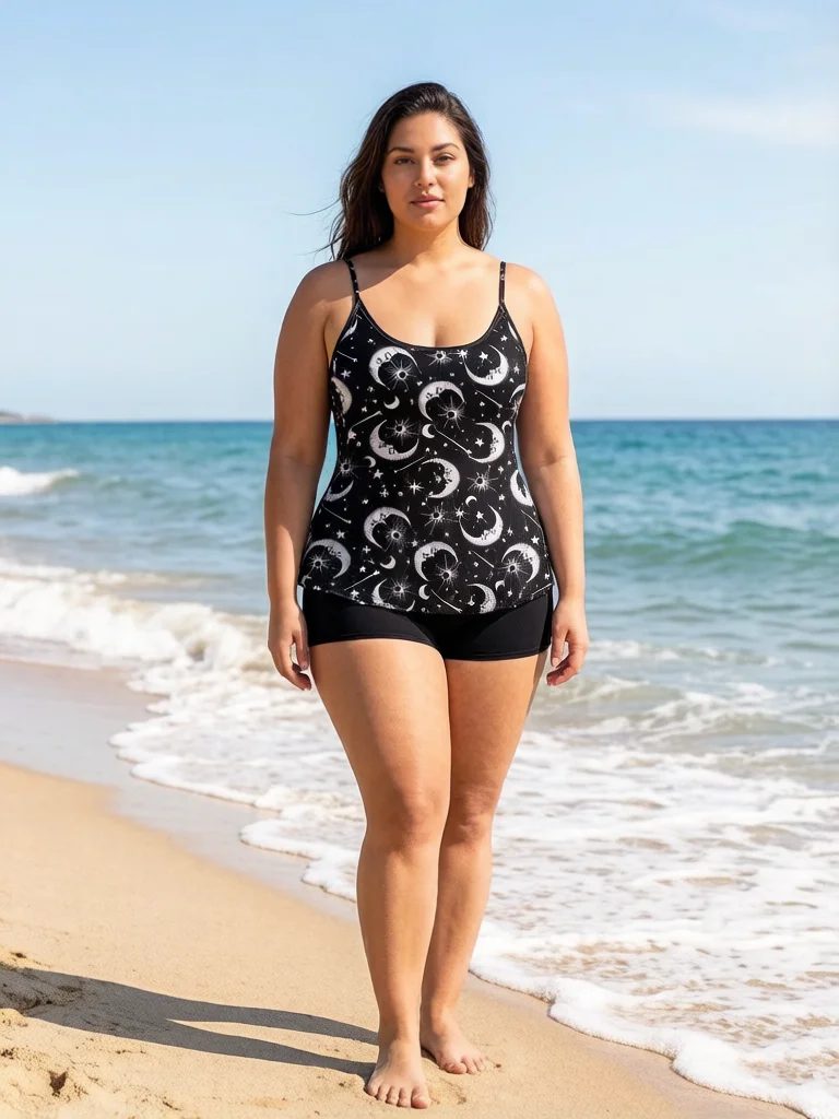 

Women's Adjustable Gothic Tankini Set - 3D Glitter Moon & Star Print Swimsuit with Boyshort Bottom, Black Sparkling Beachwear fo