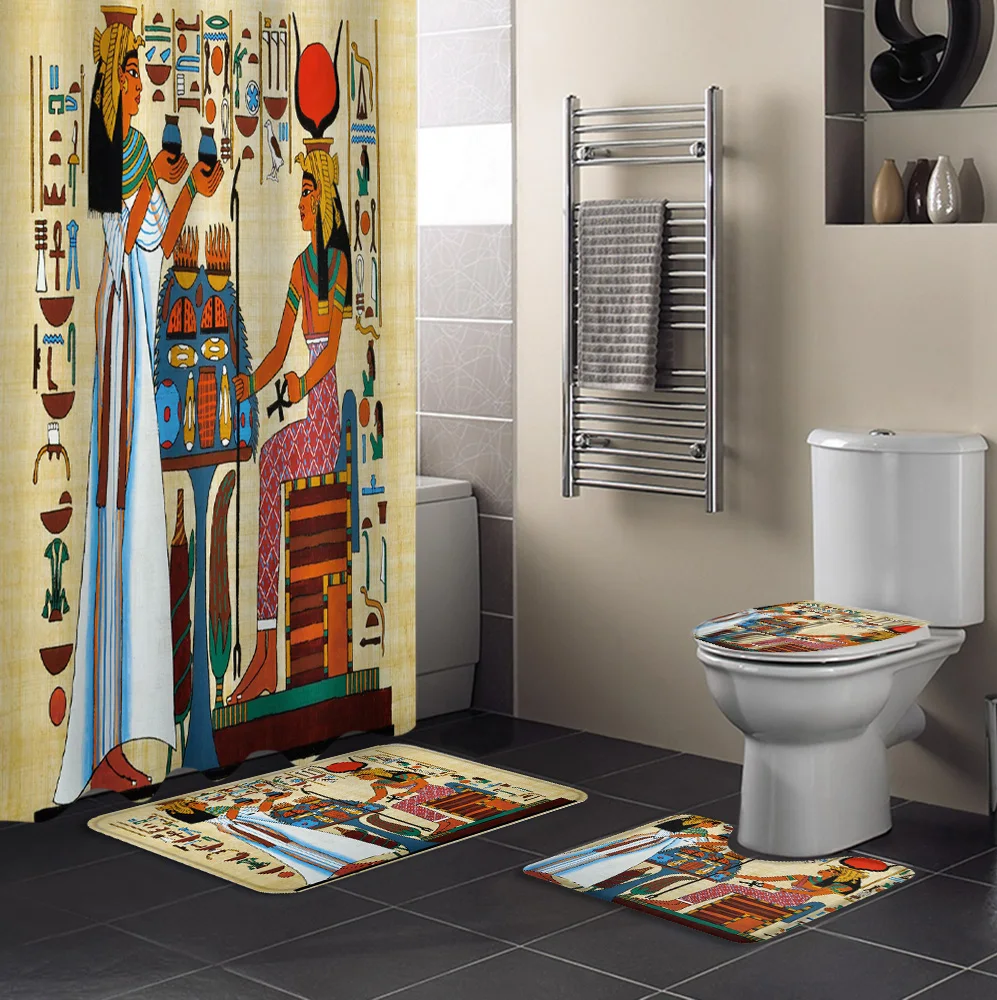 Ancient Egyptian Papyrus Shower Curtain Sets Non-Slip Rugs Toilet Lid Cover and Bath Mat Waterproof Bathroom Curtains