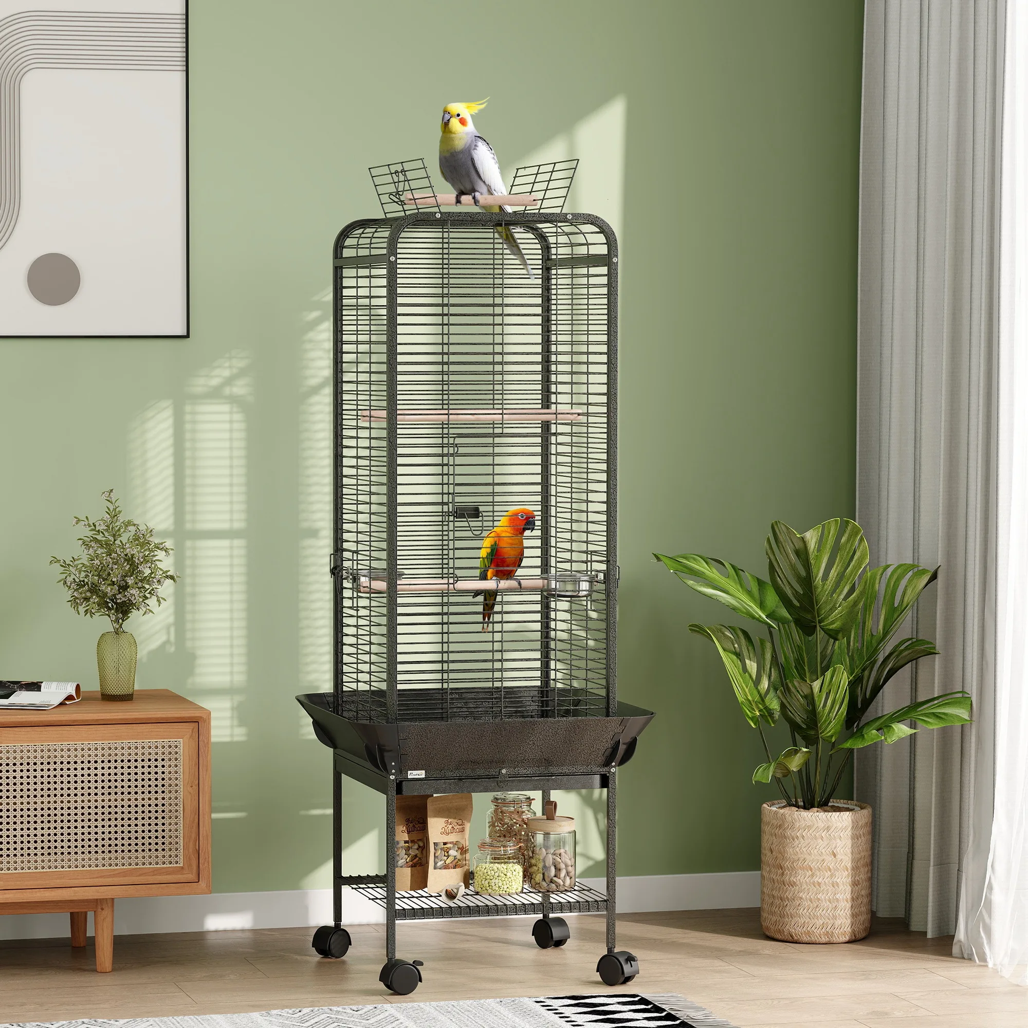 PawHut Jaula para Pájaros con Ruedas Estante 62,5x62,5x146 cm Gris Oscuro