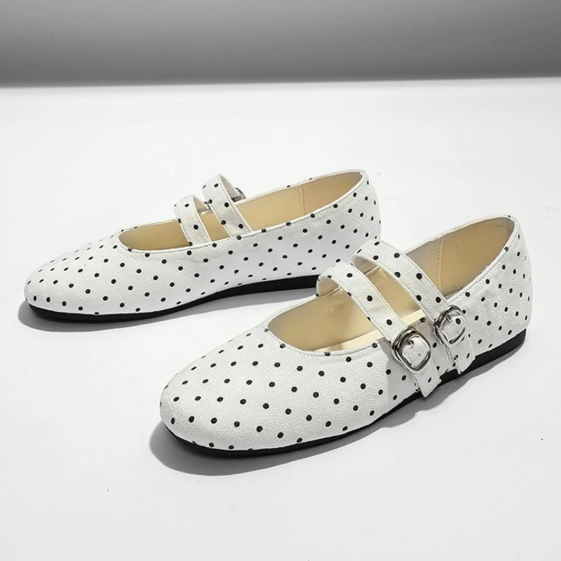 

2026 Новые туфли Мэри Джейн в горошек, женские модные балетки с круглым носком и пряжкой на ремне, удобные балетки на мягкой подошве, лоферы