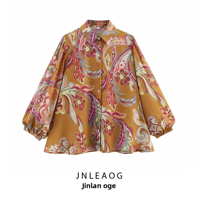 JNLEAOG 가을 새로운 느슨한 긴 소매 인쇄 반투명 여성 셔츠 프랑스 스타일 폴리 에스터 얇은 직물 변형에 강함