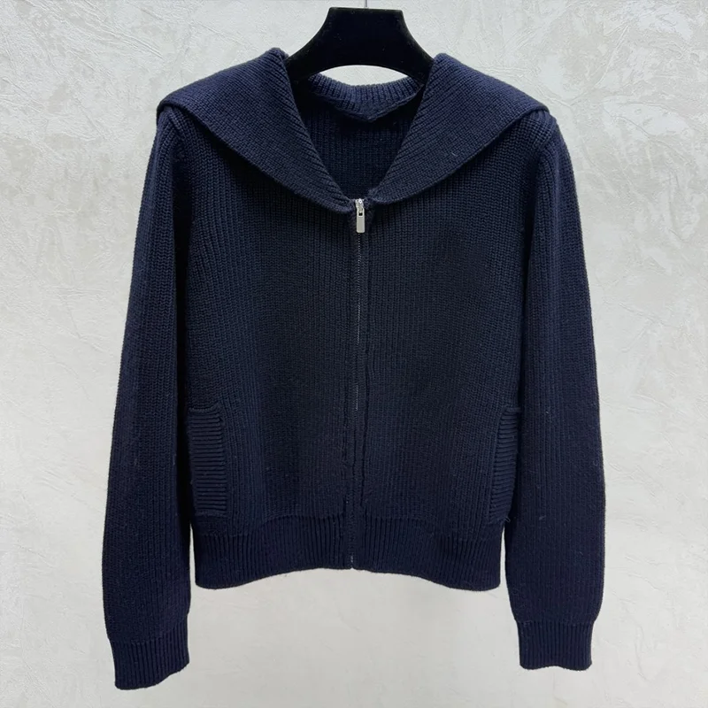 

High quality Embroidered logo sailor collar women's knitted zipper cardigan sweater comfortable clothing 2512068146