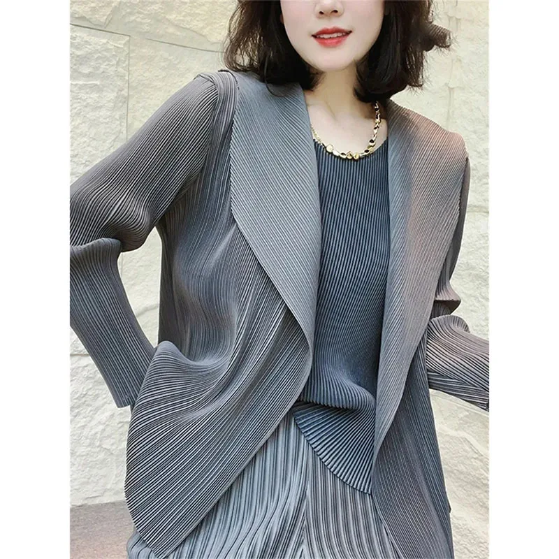 Korean Lady Fashion Long Sleeve Suit Outwear 2025 Femme New Pleats Please Blazer Top Coat Autumn Women Advanced Leisure Jacket