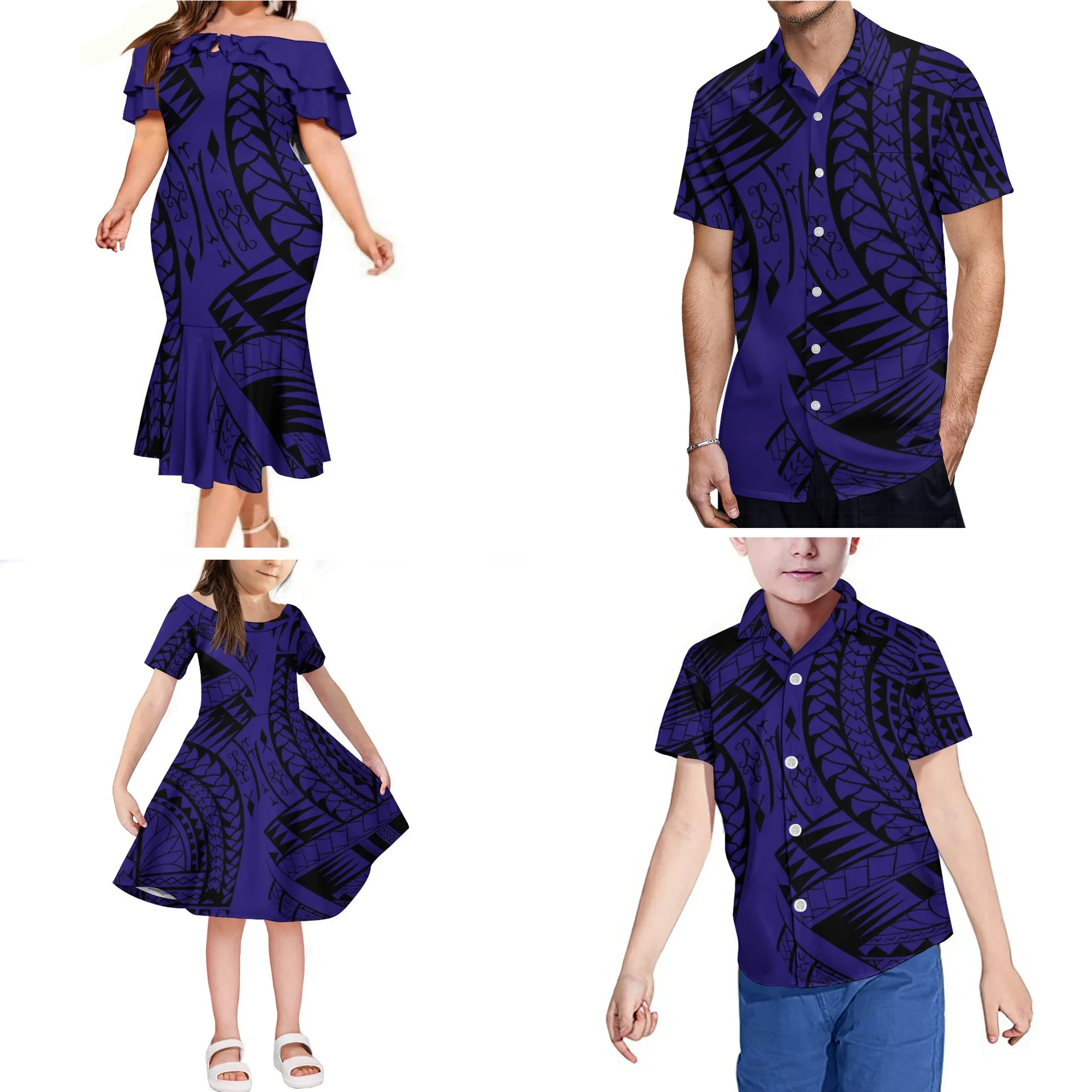 

Polynesian Tribal Design 8XL Women Dress Men Shirt Family Set Parent-child Outfit Custom Adult Children's Clothing 4-piece Set