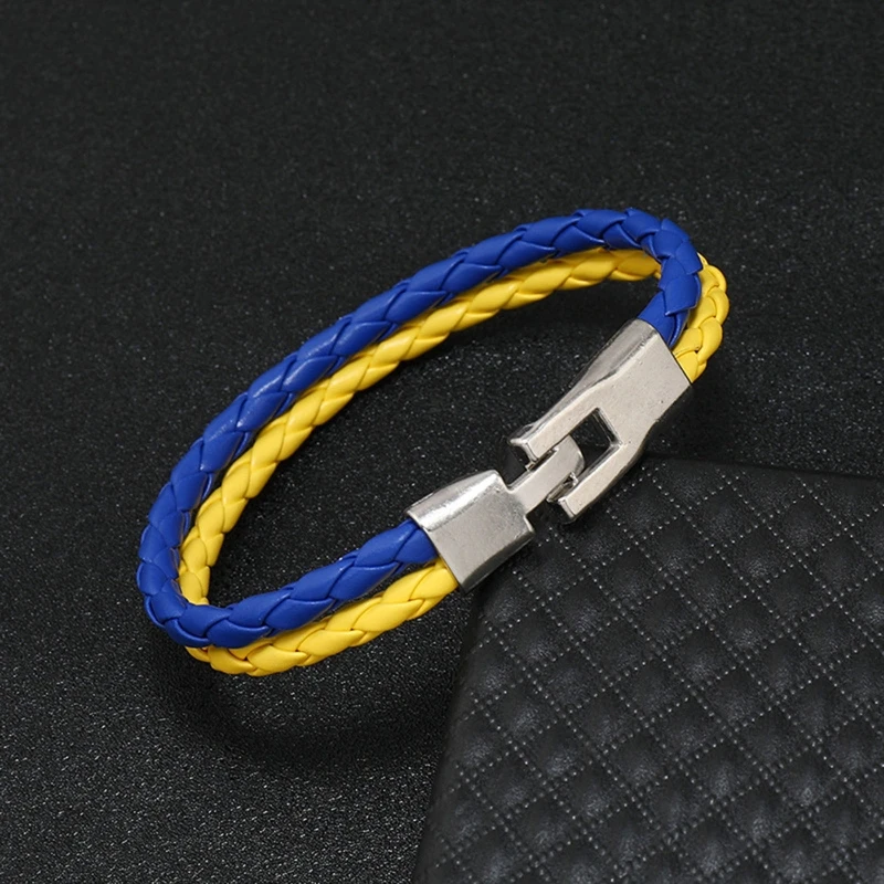 Men Women Woven Ukrainian Bracelet Holder with Ukrainian Bracelet Leather Blue Yellow Ukrainian Wristband Bracelet