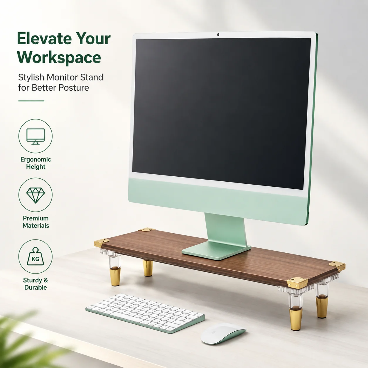 Wooden Desktop Monitor Stand with Acrylic Cone Legs and Brass Accents – Ergonomic Height Adjustment for iMac and Flat Panel Dis