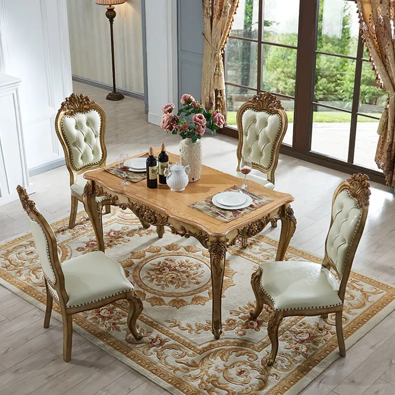 

Solid Wood Dining Tables and Chairs Set European Restaurant Carved Rectangular Dining Table Household Eating Table