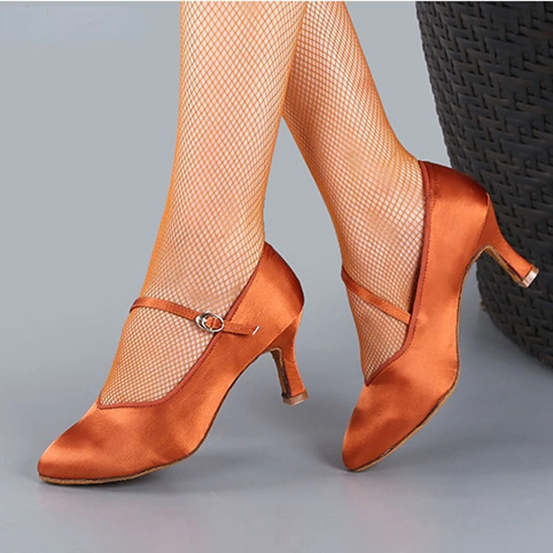 Standard Women Dance Shoes Tan Satin High Low Heel Ladies Ballroom Dance Shoes Soft Outsole Modern Dance Shoes High Heel