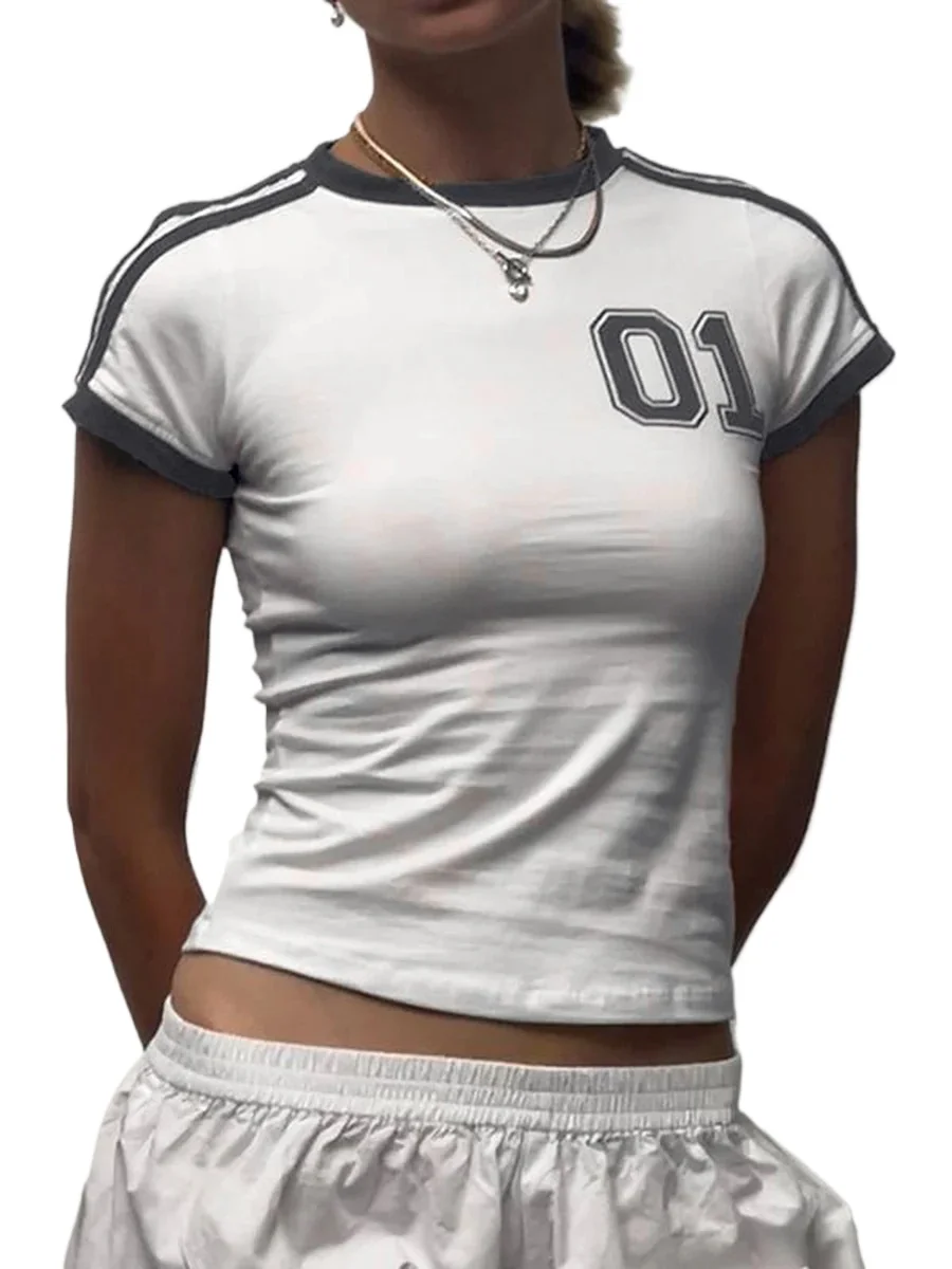 Women Y2K Graphic Number 01 Print Crop Top Summer Short Sleeve Contrast Trim Ringer T-Shirt Casual Slim Fit Streetwear
