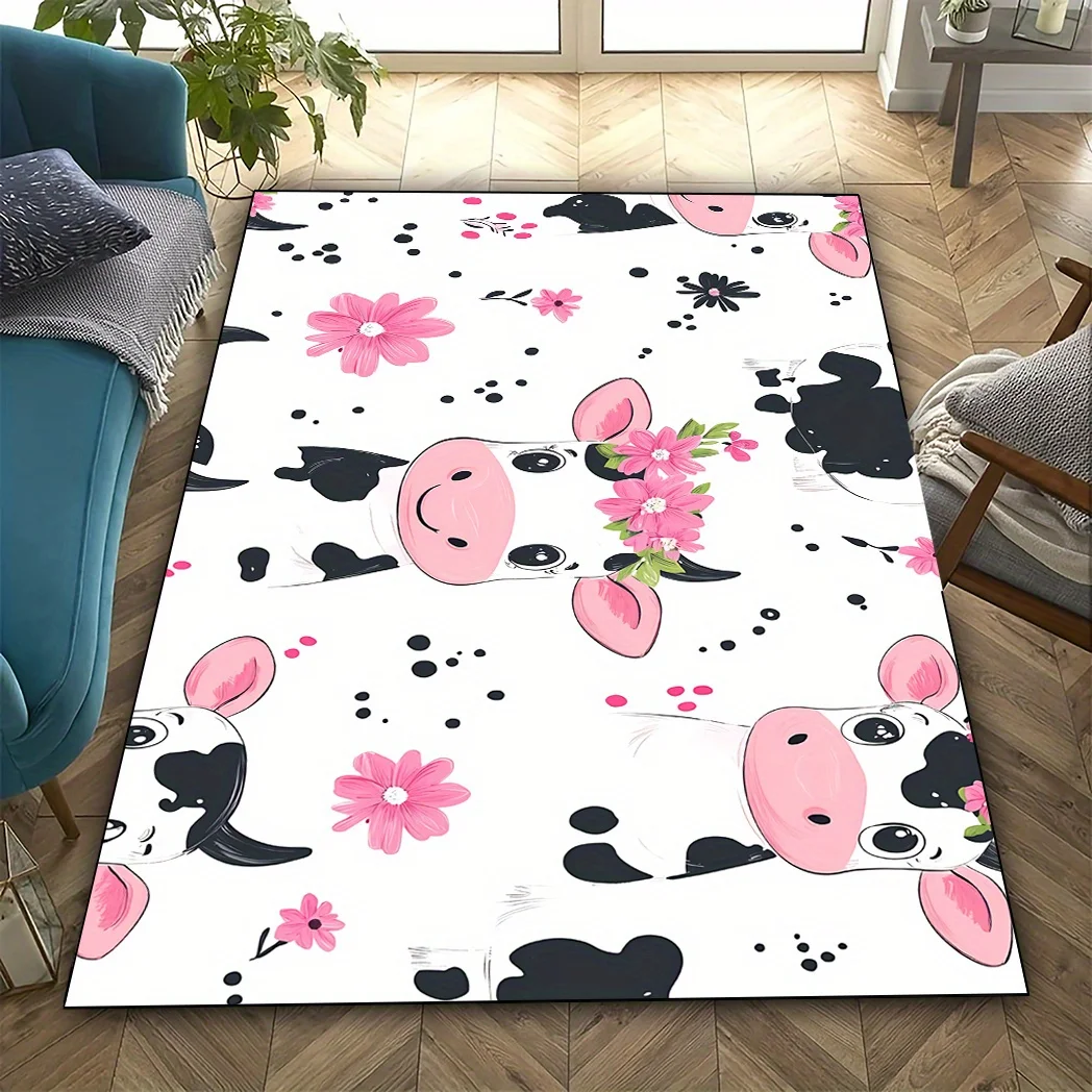 

1pc Kawaii cow pattern carpet, non-slip and washable, suitable for kitchen, living room, bedroom, crystal velvet fabric
