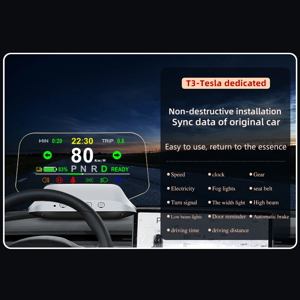 Set di allarmi digitali HUD Car Head Up Display per Tesla Model 3 Y 2019-2022 T3 Mirror Projector tachimetro RPM