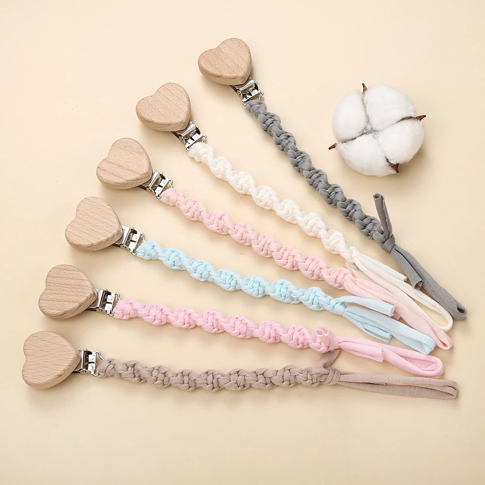 New Crochet Cotton Baby Pacifier Chain Heart Beech Wood Clip For Handmade Baby Nipple Soother Chain Teething Toys Gift Stuff