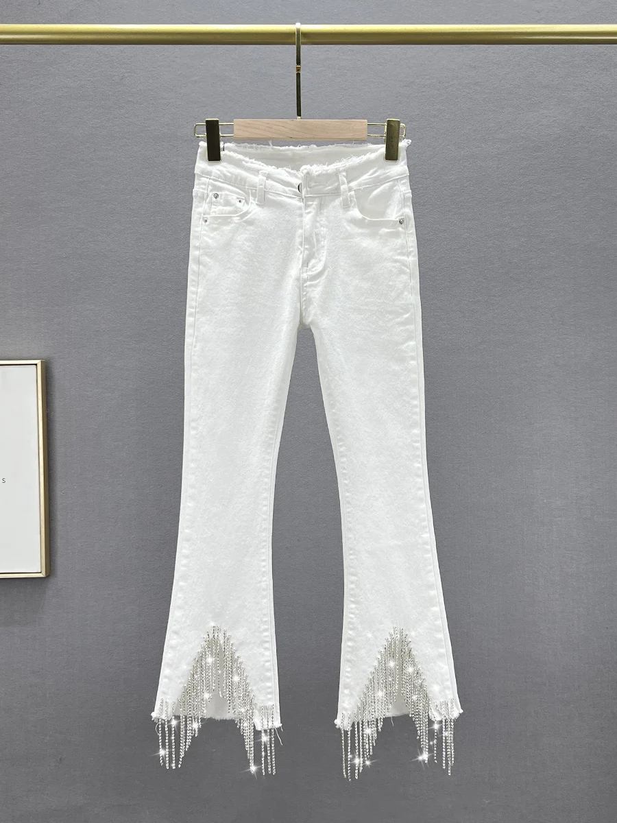 

Женские джинсы с высокой талией, украшенные стразами, весна 2024, утягивающие, микро-клеш, из эластичного хлопкового денима