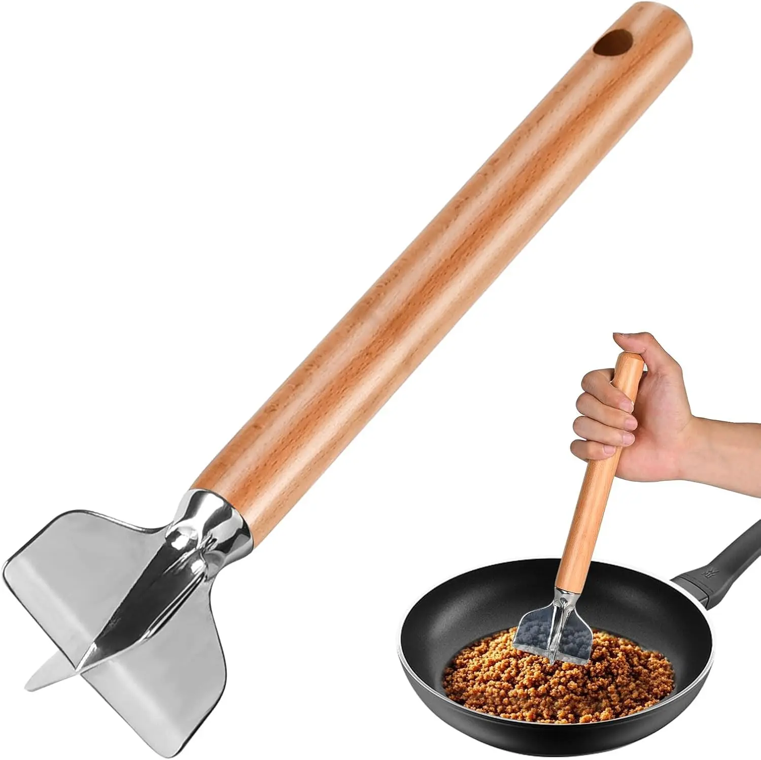 

Stainless Steel Meat Chopper, 11 Inch Ground Beef Masher, Wooden Handle, Heavy Duty