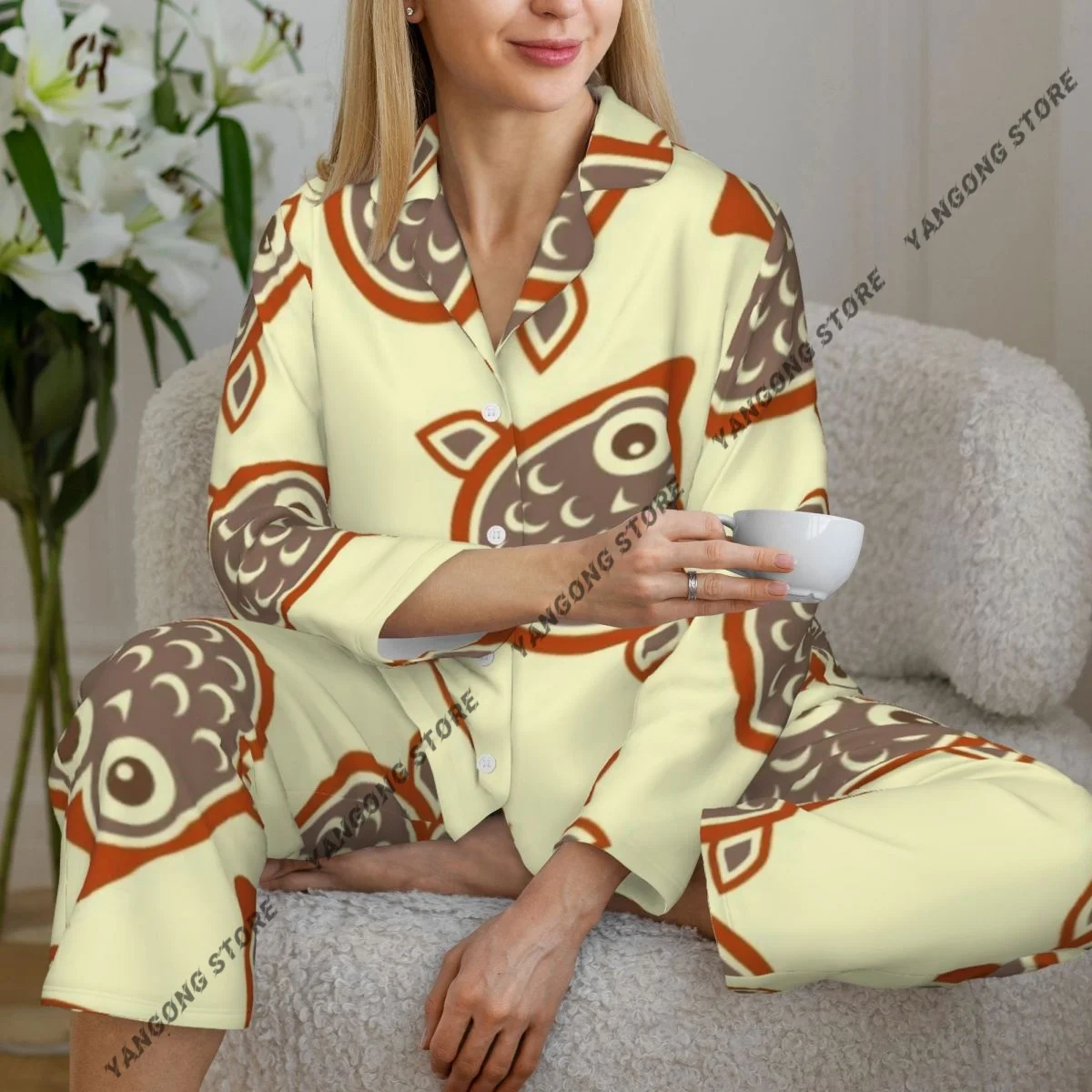 

Элегантные женские пижамы с изображением совы, одежда для дома, одежда для сна из двух предметов, длинный пижамный комплект на пуговицах с длинными рукавами