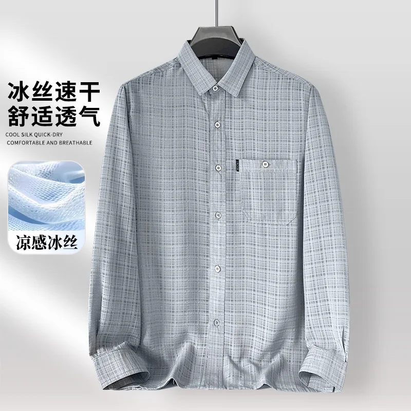 Men Ice Silk Quick Dry Shirt Grid Pattern Lapel Collar Button Chest Pocket Long Sleeve Tops