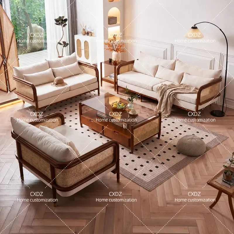 New Chinese Style Rattan Solid Wood Sofa Wabi Sabi Living Room Fabric Couch Sponge Cushion Ash Wood Frame Single Double Three