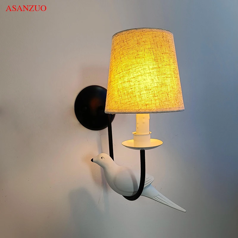 

Nordic Iron Vintage American Wall Lamp cloth lampshade LED Bedside Wall sconce Pastoral Personality Resin Bird Light fixtures