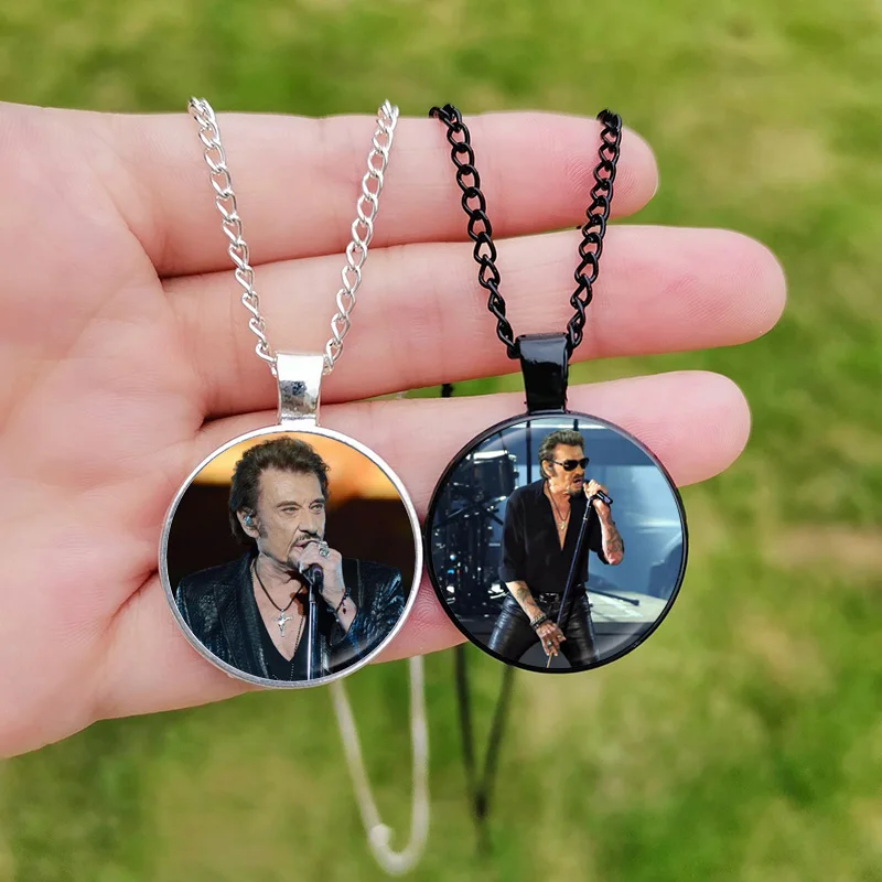 French Singer Johnny Hallyday Necklace Pendant Pop Rock Star Poster Glass Cabochon Choker Hip Hop Jewelry for Fans Gift