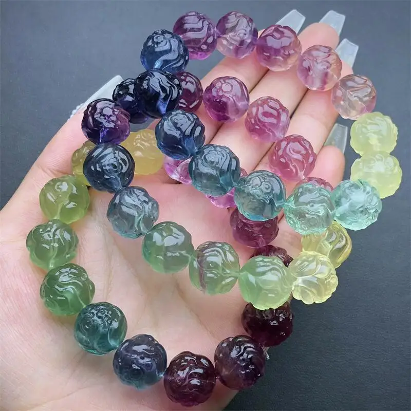 14MM Natural Fluorite Fox Fairy Bracelet Woman Lady Man Healing Wealth Gift Crystal Beads Quartz Gemstone Jewelry 1PCS