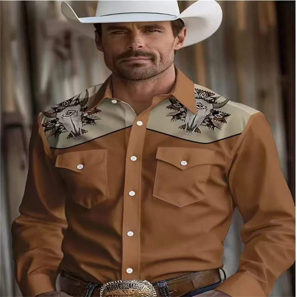 2025 Camisa de vaquero Western negra de manga larga con patron القبلية الفقرة hombre، أوتوندو الفقرة أدواتينز الغربية، camisa
