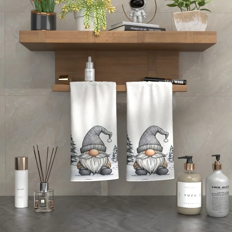 2 Christmas Gnome Kitchen Towels - Super Soft Polyester with Cartoon Gnome Art Pattern with Winter Hat and Snow Tree Design