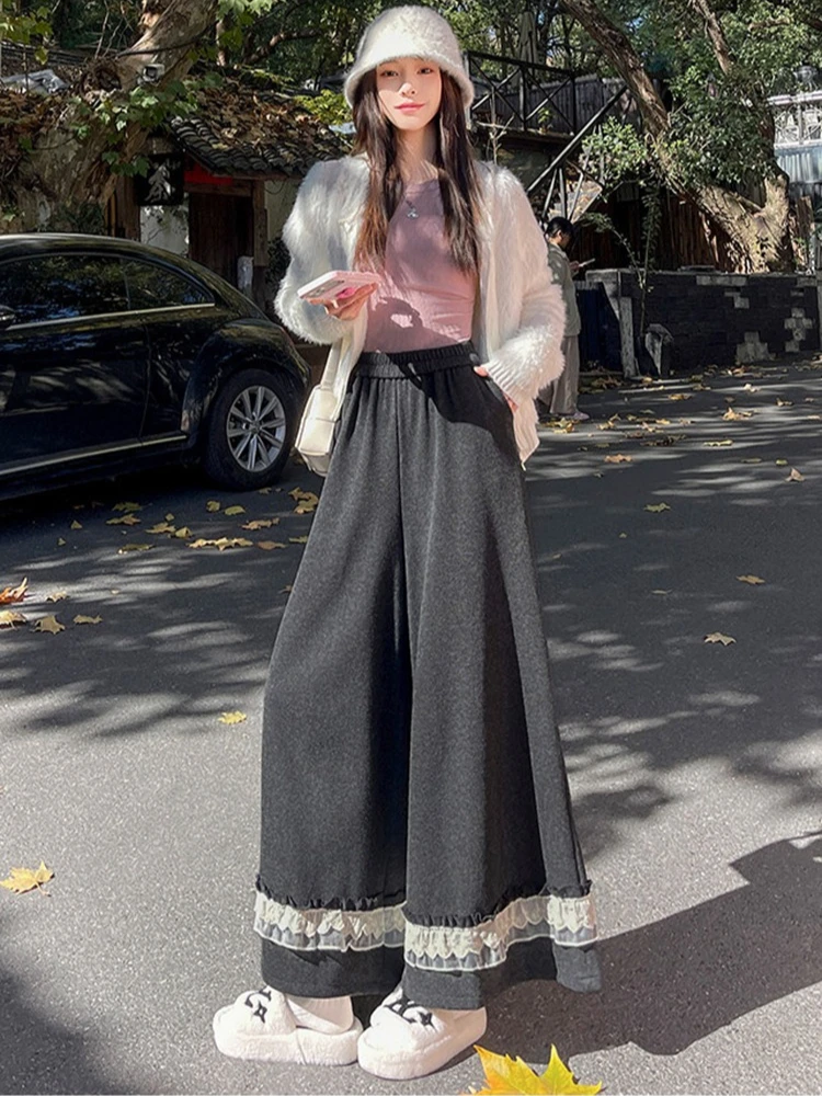 

Fashionable black fungus lace wide leg pants women autumn and winter high waisted lace patchwork loose straight leg pants