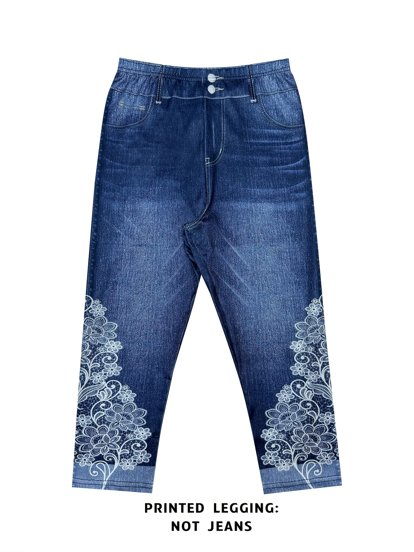 Bedruckte Leggings, kein Denim-Stoff, Caprihose mit aufgedruckter, aber nicht vorhandener Tasche und Knopf, hochelastische, neue, modische Skinny-Hose. – Detail 4