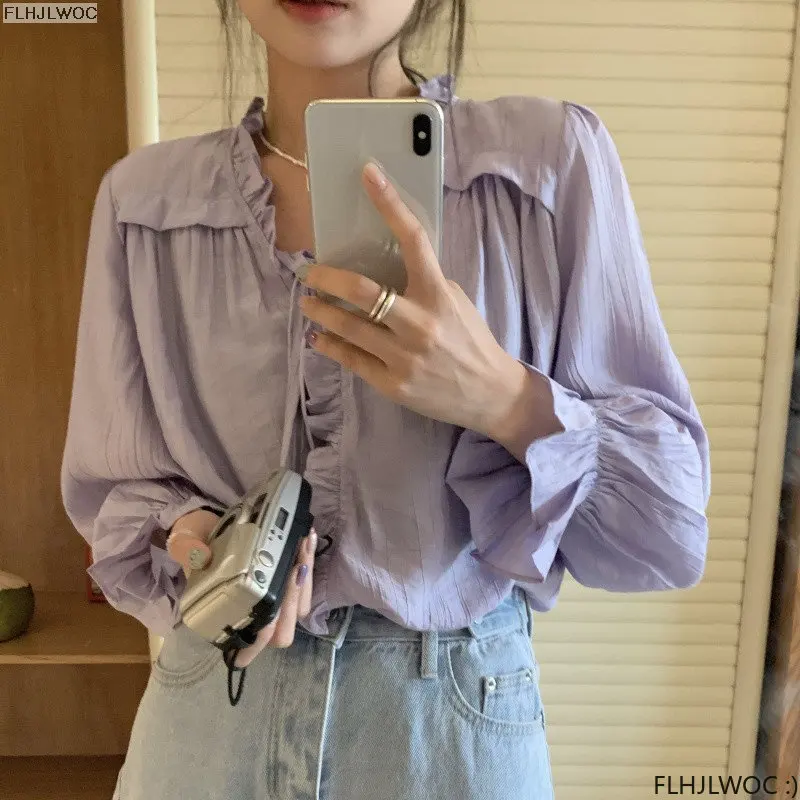 Hot Sales Cute Sweet Girls Ruffles Women Tops Blusas Preppy Style Retro Chic Korea Japan Bow Tie Tops Blouses