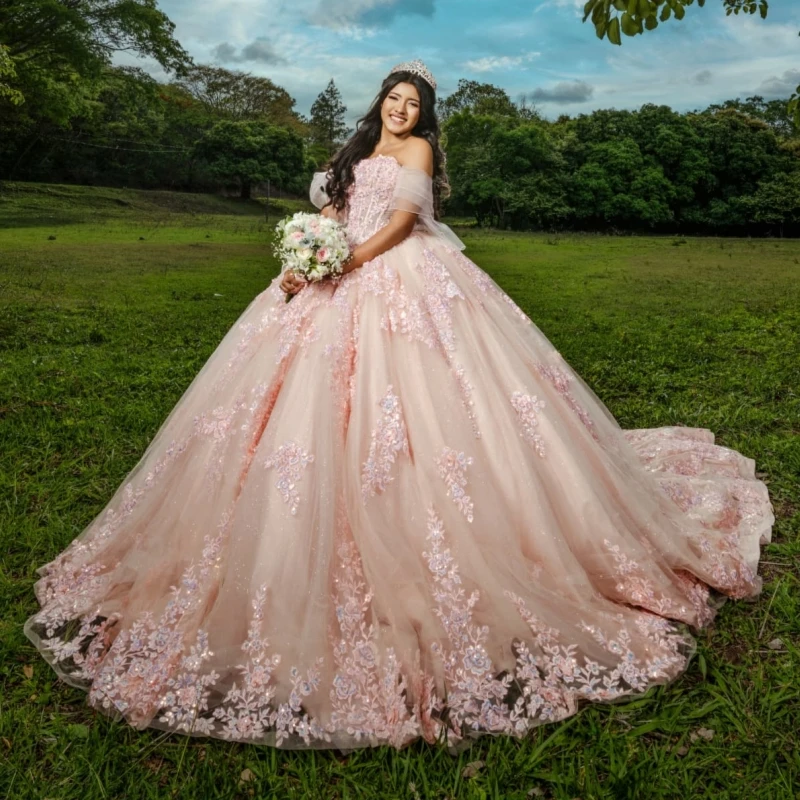 

Pink Quinceanera Dresses Ball Gown Off The Shoulder Applique Lace Beading Crystal Tull Corset Party Birthday Sweet 16 Dress