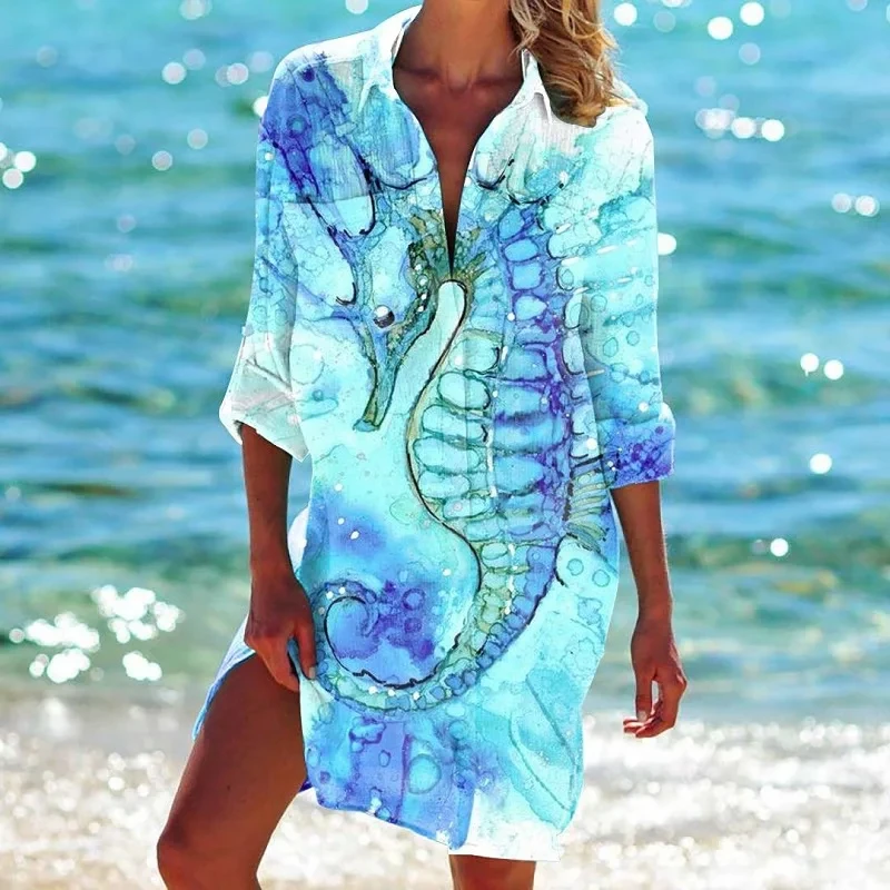 Hawaii Zeepaardje Bedrukt Overhemd Jurk Turtle Strand Sexy Blouse Outwear Shirt Lange Mouw Maxi Jurk Voor Dames Vestido Mujer