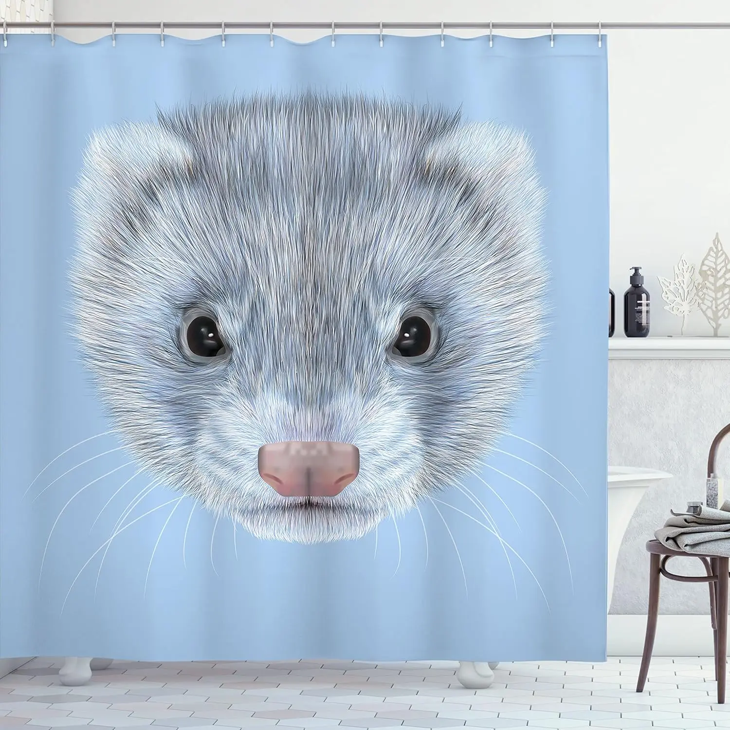 

Cute Ferret Face Shower Curtain Animal Print Blue Background Pet Lover Decor Funny Bathroom Art Wildlife Theme Bath Linen