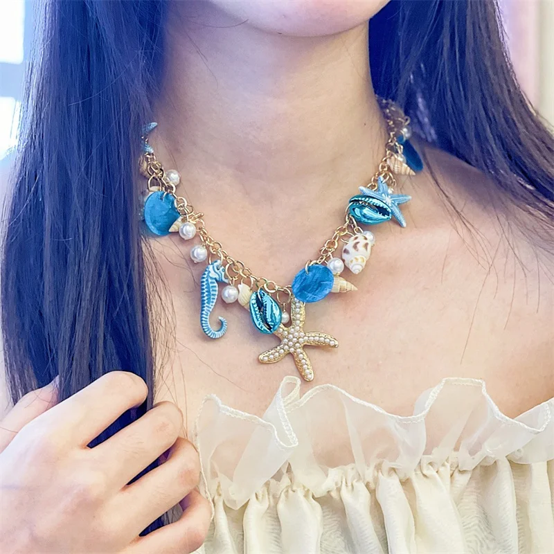 Urlaub Strand Charm Halsketten für Frauen Trendy Blau Seestern Shell Anhänger Halsketten Handgemachte Böhmen Perlen Kette Schmuck – Detail 3
