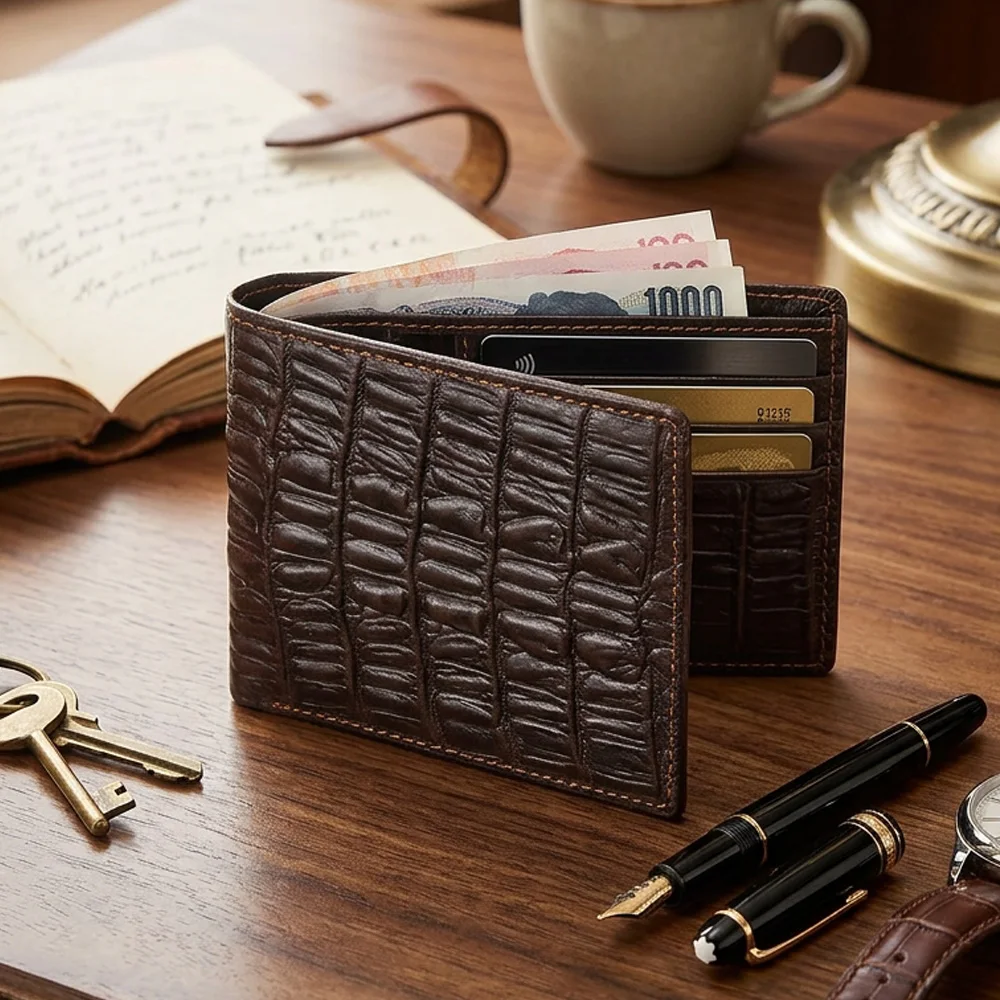 Crocodile Pattern Genuine Leather Wallets for Men Clutch and Purse Small Bifold Wallet Clamp Wallet for Men